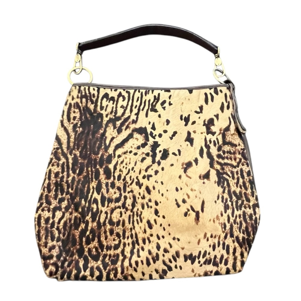 Garnet Hill‎ Soft Italian Chocolate Brown Leather Handbag Animal Hair Print LRG